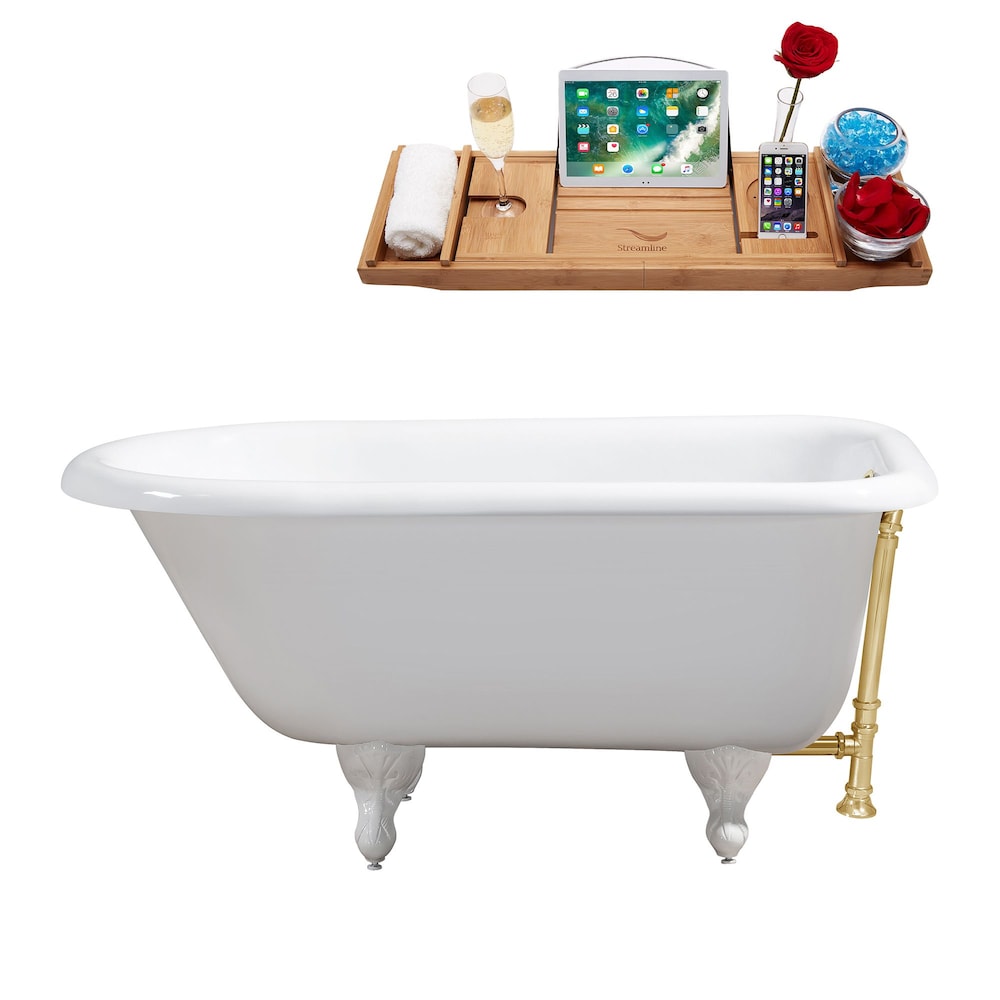 48" Cast Iron R5101WH-GLD Soaking Clawfoot Tub and Tray with External Drain