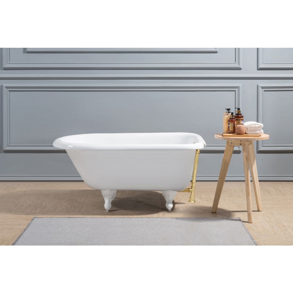 48" Cast Iron R5101WH-GLD Soaking Clawfoot Tub and Tray with External Drain