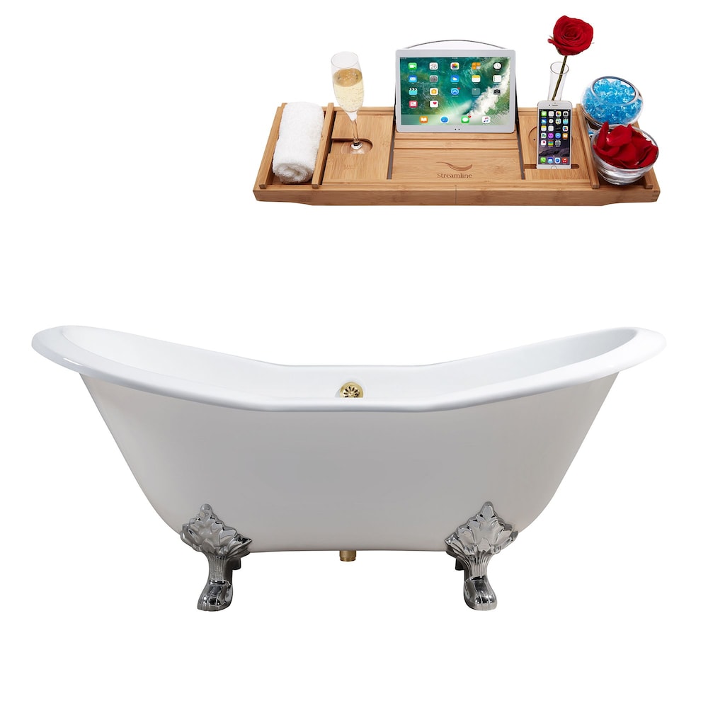 61" Cast Iron R5163CH-GLD Soaking Clawfoot Tub and Tray with External Drain