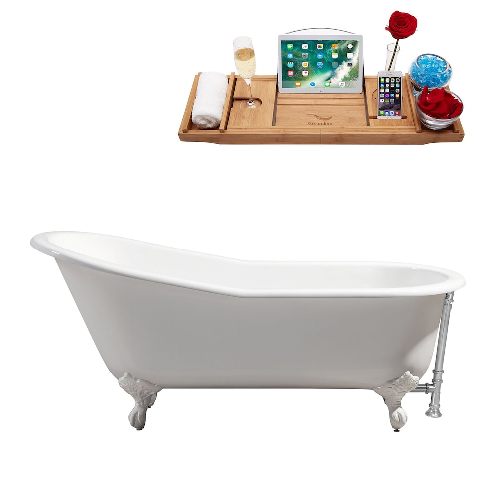 61" Cast Iron R5221WH-CH Soaking Clawfoot Tub and Tray with External Drain