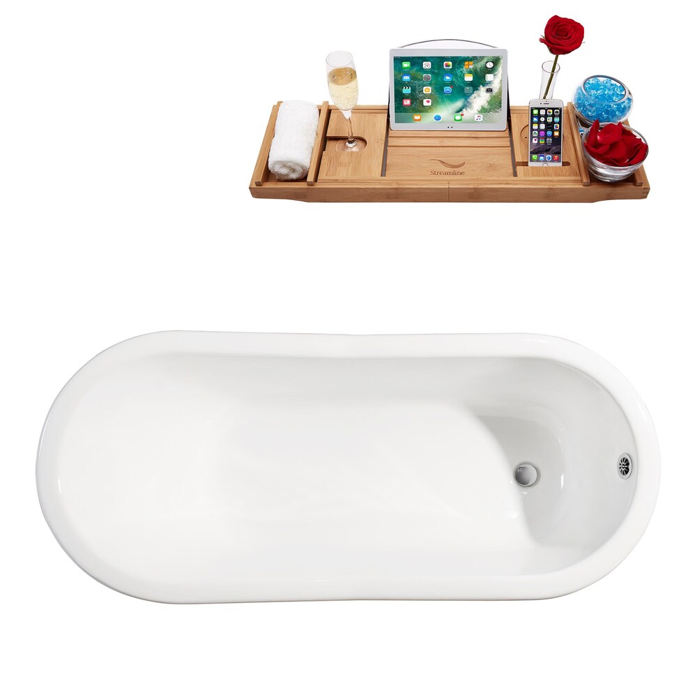 61" Cast Iron R5221WH-CH Soaking Clawfoot Tub and Tray with External Drain