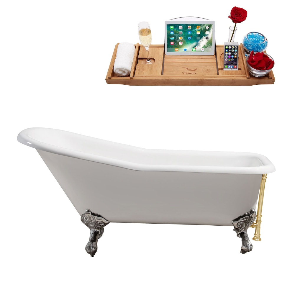 66" Cast Iron R5281CH-GLD Soaking Clawfoot Tub and Tray with External Drain