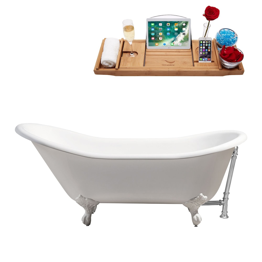 67" Cast Iron R5420WH-CH Soaking Clawfoot Tub and Tray with External Drain