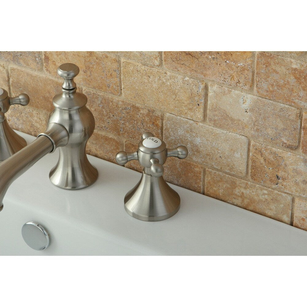 Robinet de salle de bain à arc moyen à 2 poignées et à large portée de 8 po de style croix anglaise en nickel satiné