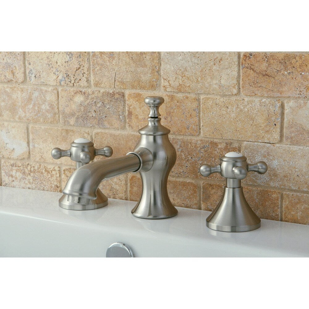 Robinet de salle de bain à arc moyen à 2 poignées et à large portée de 8 po de style croix anglaise en nickel satiné