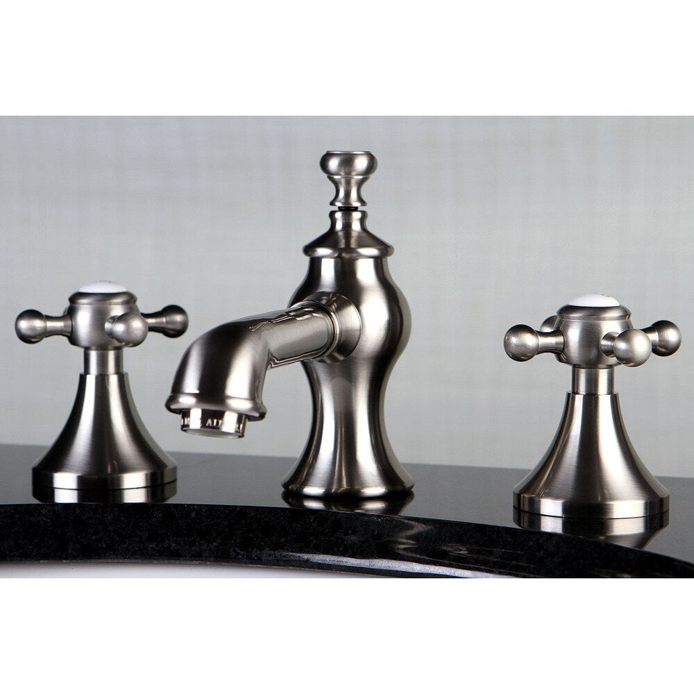 Robinet de salle de bain à arc moyen à 2 poignées et à large portée de 8 po de style croix anglaise en nickel satiné