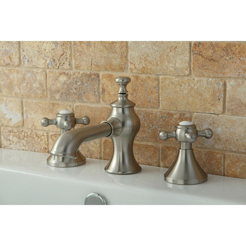 Robinet de salle de bain à arc moyen à 2 poignées et à large portée de 8 po de style croix anglaise en nickel satiné