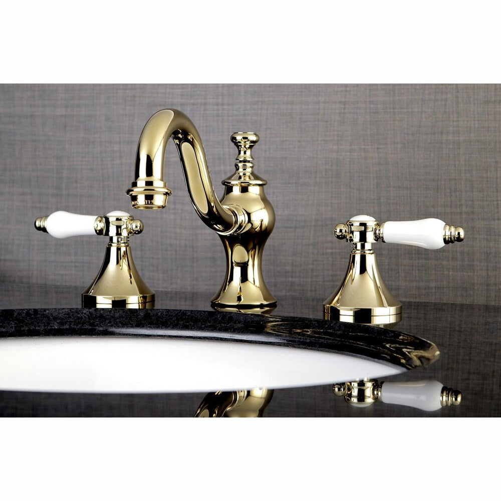 Robinet de salle de bain à arc élevé à 2 poignées et à large entraxe Country Lever de 8 po en laiton poli