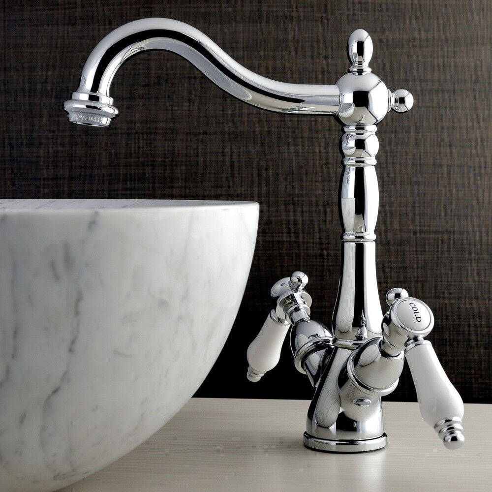 Robinet de salle de bain à arc élevé à 2 poignées et à trou unique en porcelaine victorienne en chrome