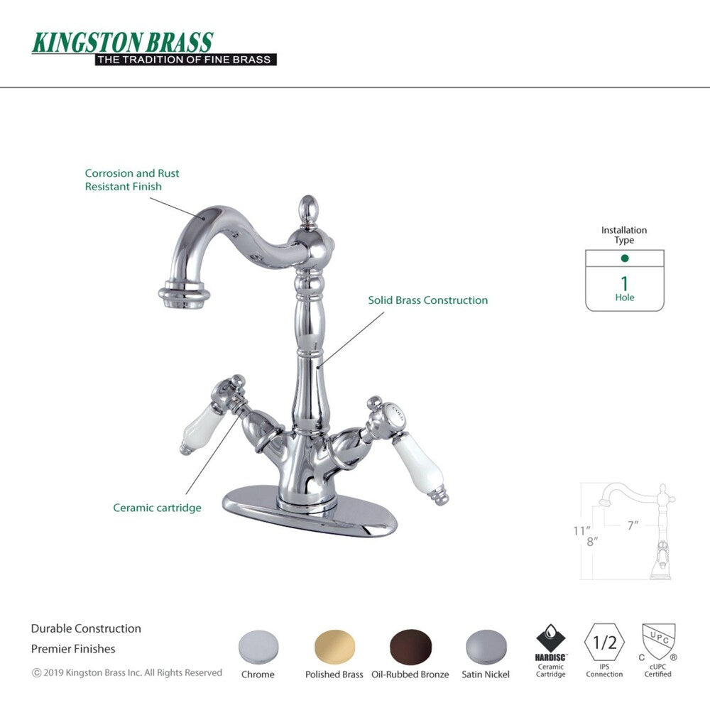 Robinet de salle de bain à arc élevé à 2 poignées et à trou unique en porcelaine victorienne en chrome