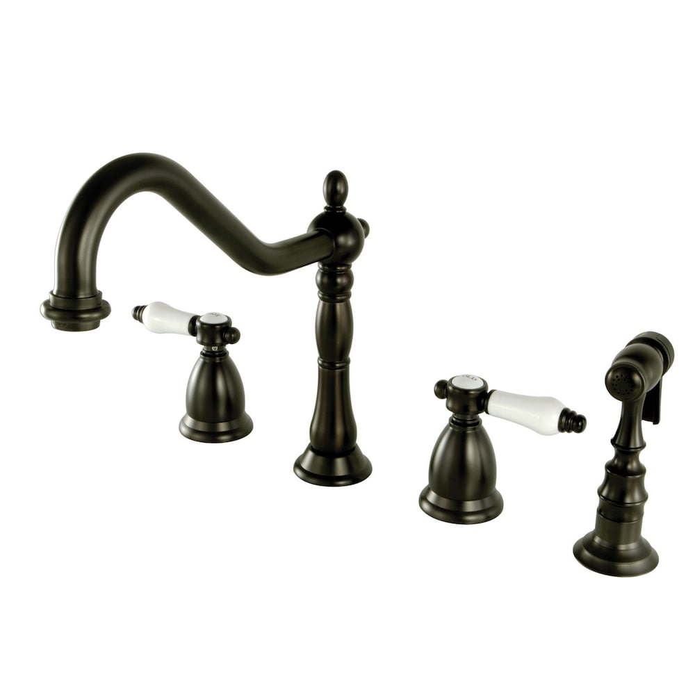 Robinet de cuisine standard à 2 poignées en porcelaine vintage avec pulvérisateur latéral en bronze huilé