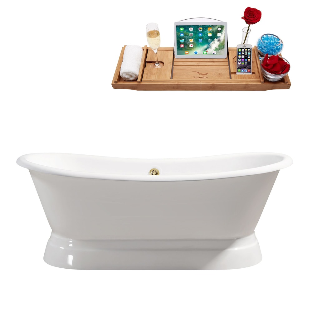 71" Cast Iron R5300GLD Soaking freestanding Tub and Tray with External Drain