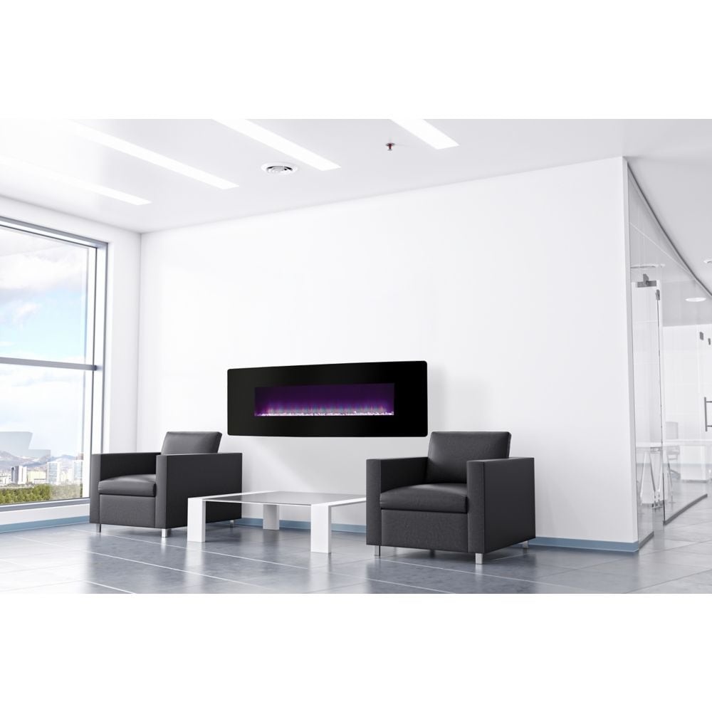 Foyer électrique mural incurvé de 48 po – Verre noir