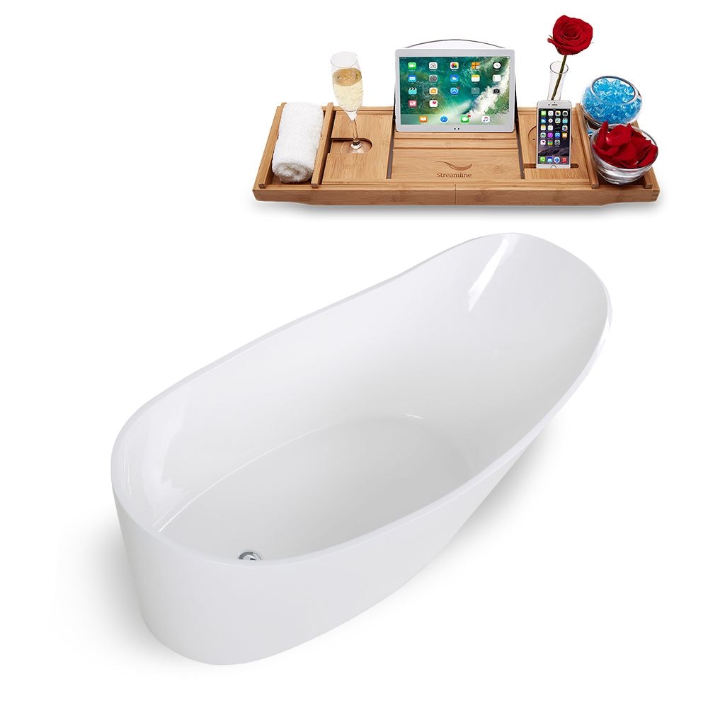 65" Streamline Solid Surface Resin K-0907-65FSWHSS-FM Freestanding Tub and Tray with Internal Drain