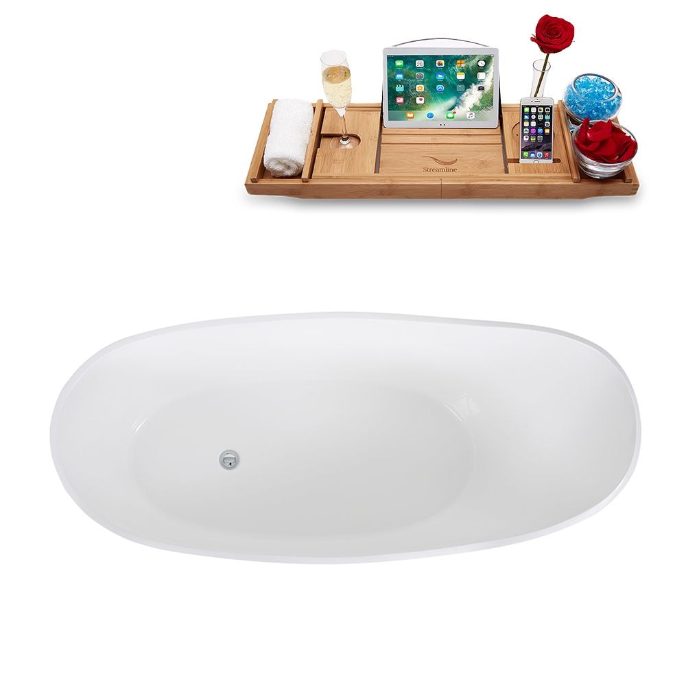 65" Streamline Solid Surface Resin K-0907-65FSWHSS-FM Freestanding Tub and Tray with Internal Drain