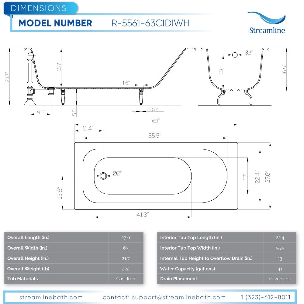 63 inch Streamline Cast Iron R5561GLD Drop In Bathtub With External Drain