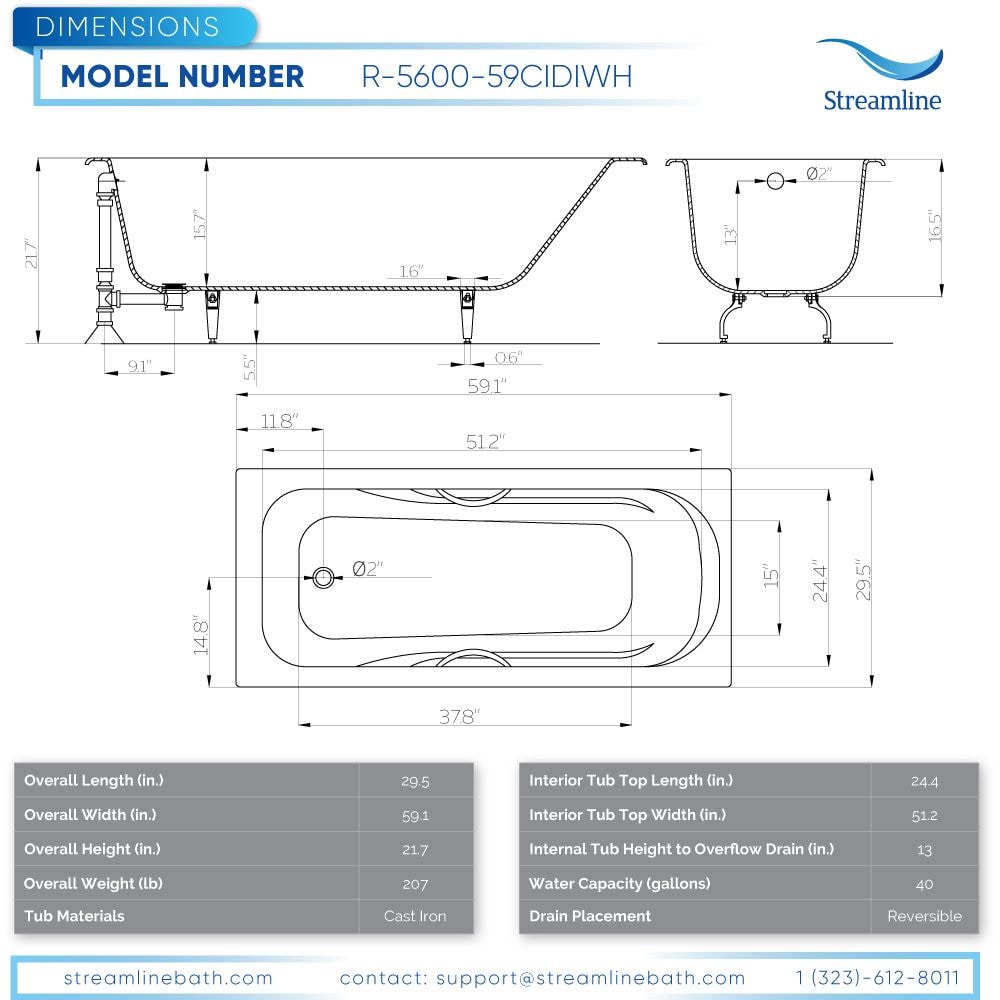 59 inch Streamline Cast Iron R5600CH Drop In Bathtub With External Drain
