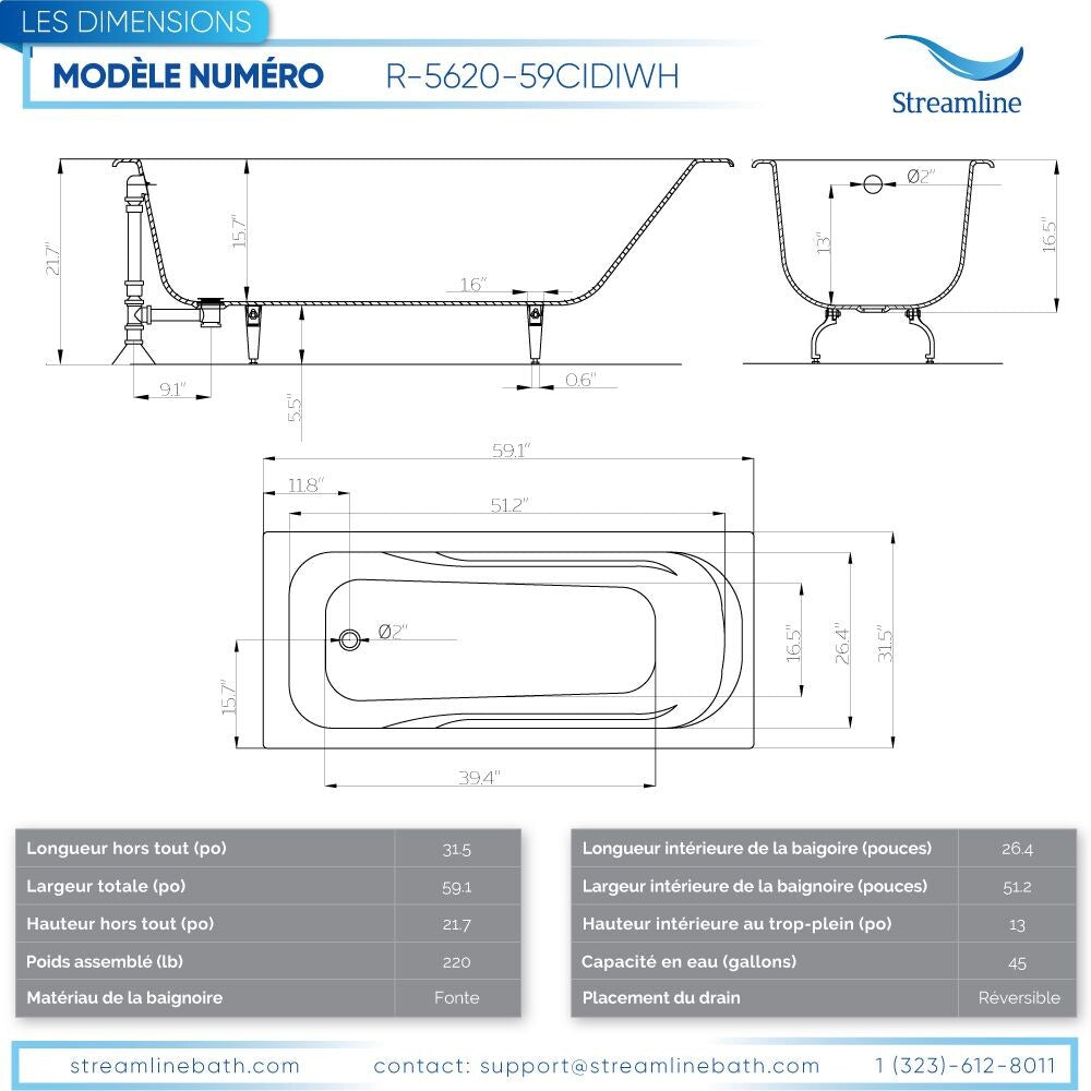 59 inch Streamline Cast Iron R5620GLD Drop In Bathtub With External Drain