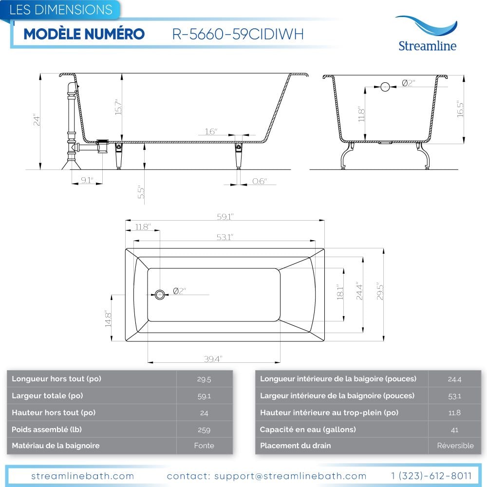 59 inch Streamline Cast Iron R5660CH Drop In Bathtub With External Drain