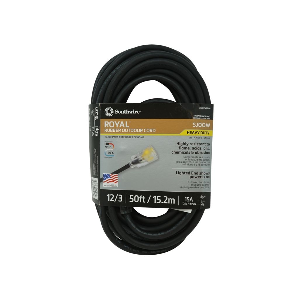 50 ft. 12/3 SJOOW 15 Amps Outdoor Extension Cord with Lighted End