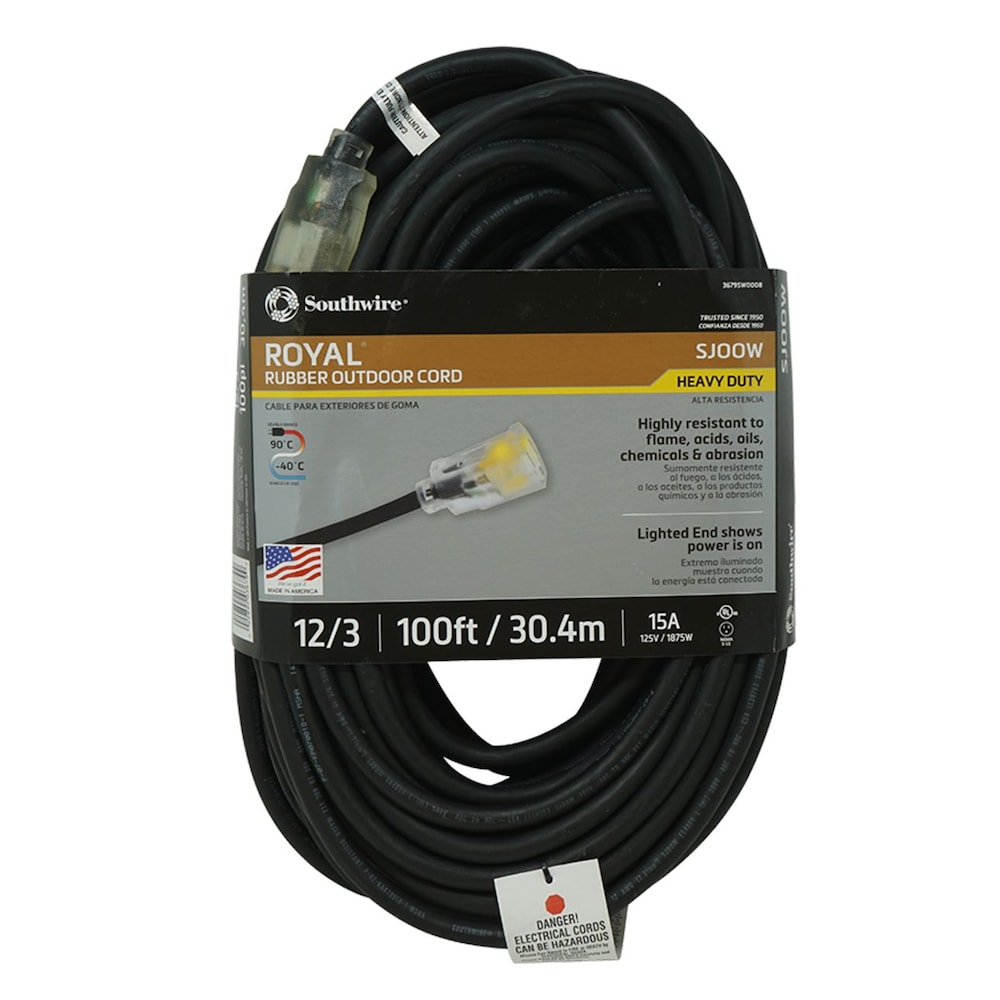 100 ft. 12/3 SJOOW 15 Amps Outdoor Extension Cord with Lighted End