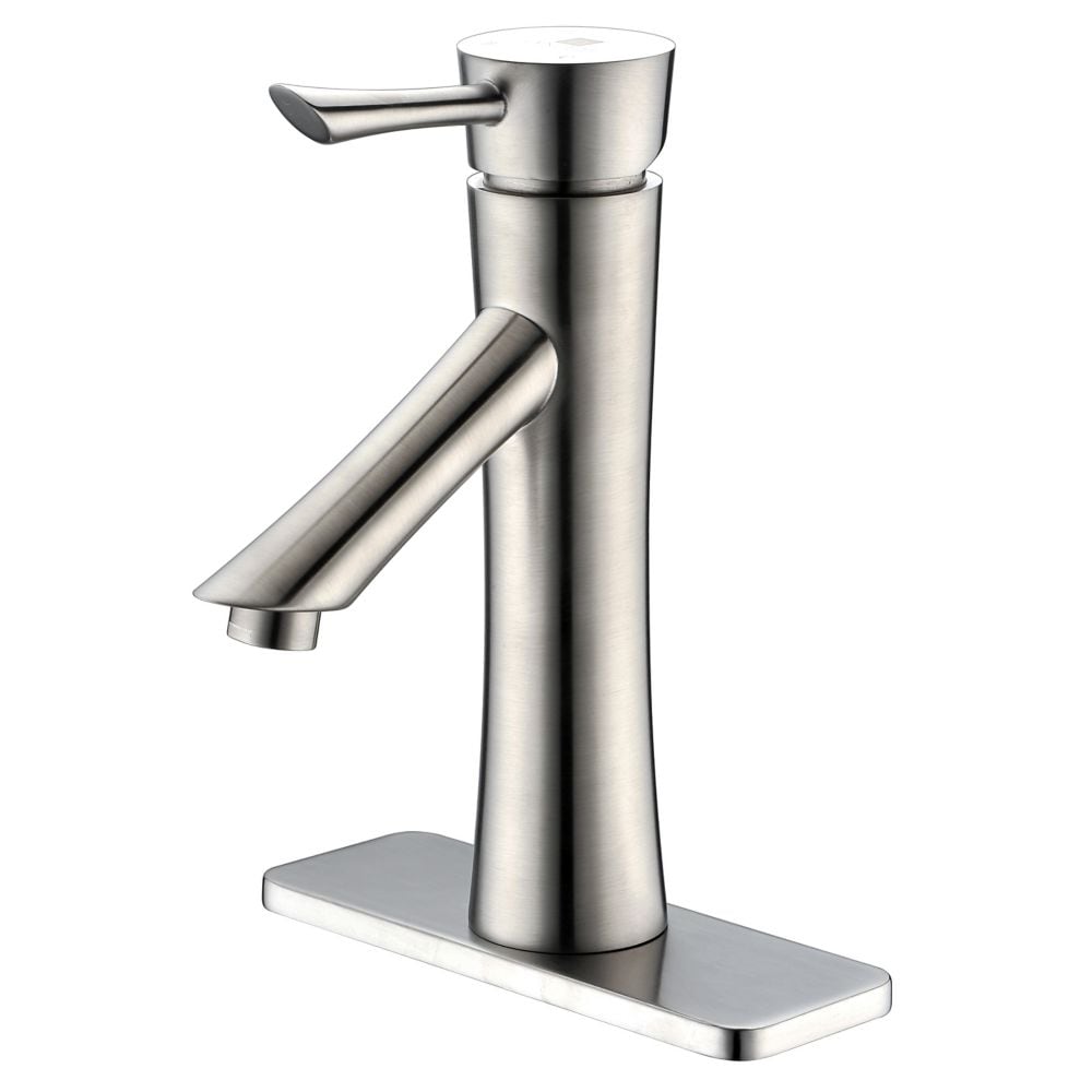 Robinet de salle de bain monotrou à poignée unique et à arc bas de la série Saga en nickel brossé