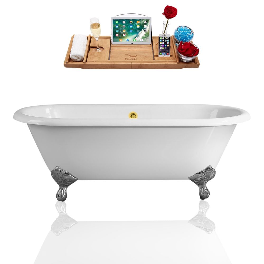60 inch Streamline Cast Iron R5500CH-GLD Soaking Clawfoot Tub and Tray with External Drain