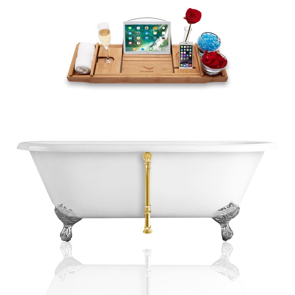 60 inch Streamline Cast Iron R5500CH-GLD Soaking Clawfoot Tub and Tray with External Drain