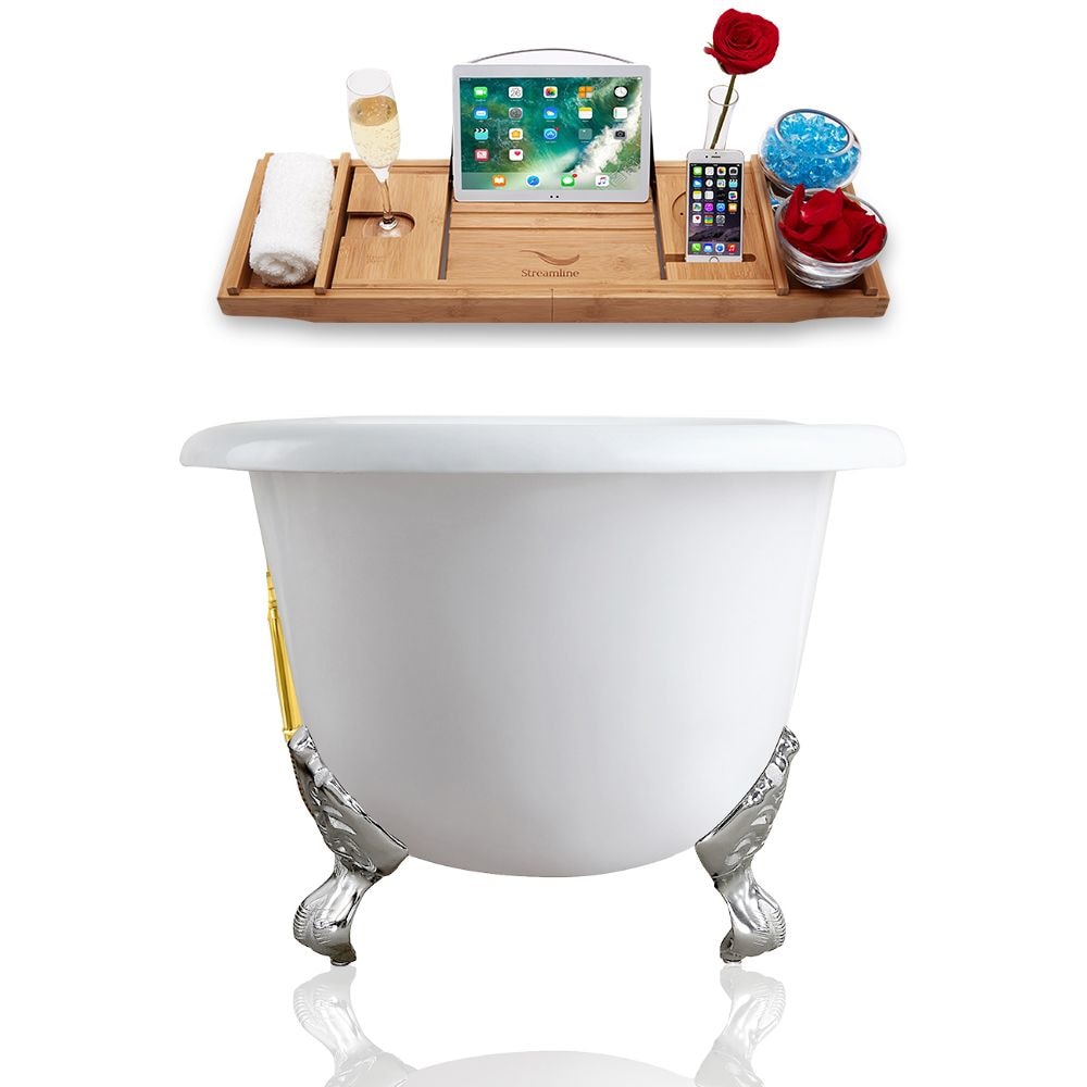 60 inch Streamline Cast Iron R5500CH-GLD Soaking Clawfoot Tub and Tray with External Drain