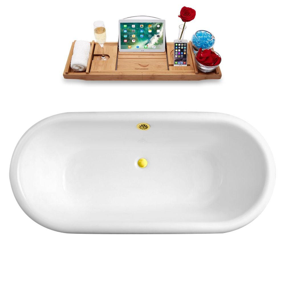 60 inch Streamline Cast Iron R5500CH-GLD Soaking Clawfoot Tub and Tray with External Drain