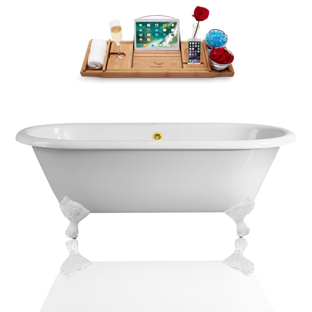 66 inch Streamline Cast Iron R5501WH-GLD Soaking Clawfoot Tub and Tray with External Drain