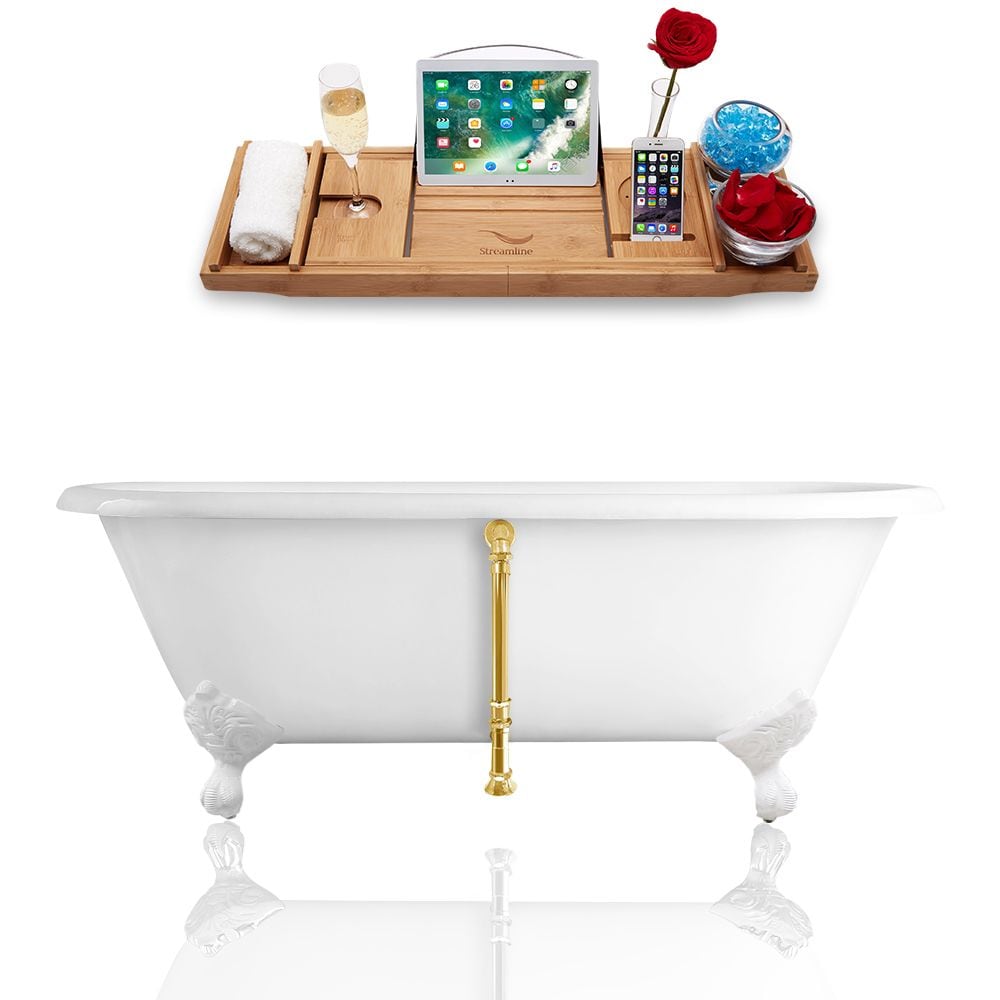 66 inch Streamline Cast Iron R5501WH-GLD Soaking Clawfoot Tub and Tray with External Drain