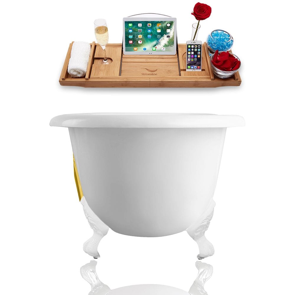 66 inch Streamline Cast Iron R5501WH-GLD Soaking Clawfoot Tub and Tray with External Drain