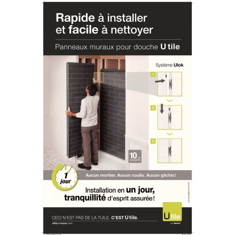 Ensemble de douche pour baignoire Utile de 60 po L x 30 po l x 80,5 po H avec baignoire en acrylique avec drain à droite, 1 étagère en verre et cadre/mur de baignoire avec finition Origin Arctik