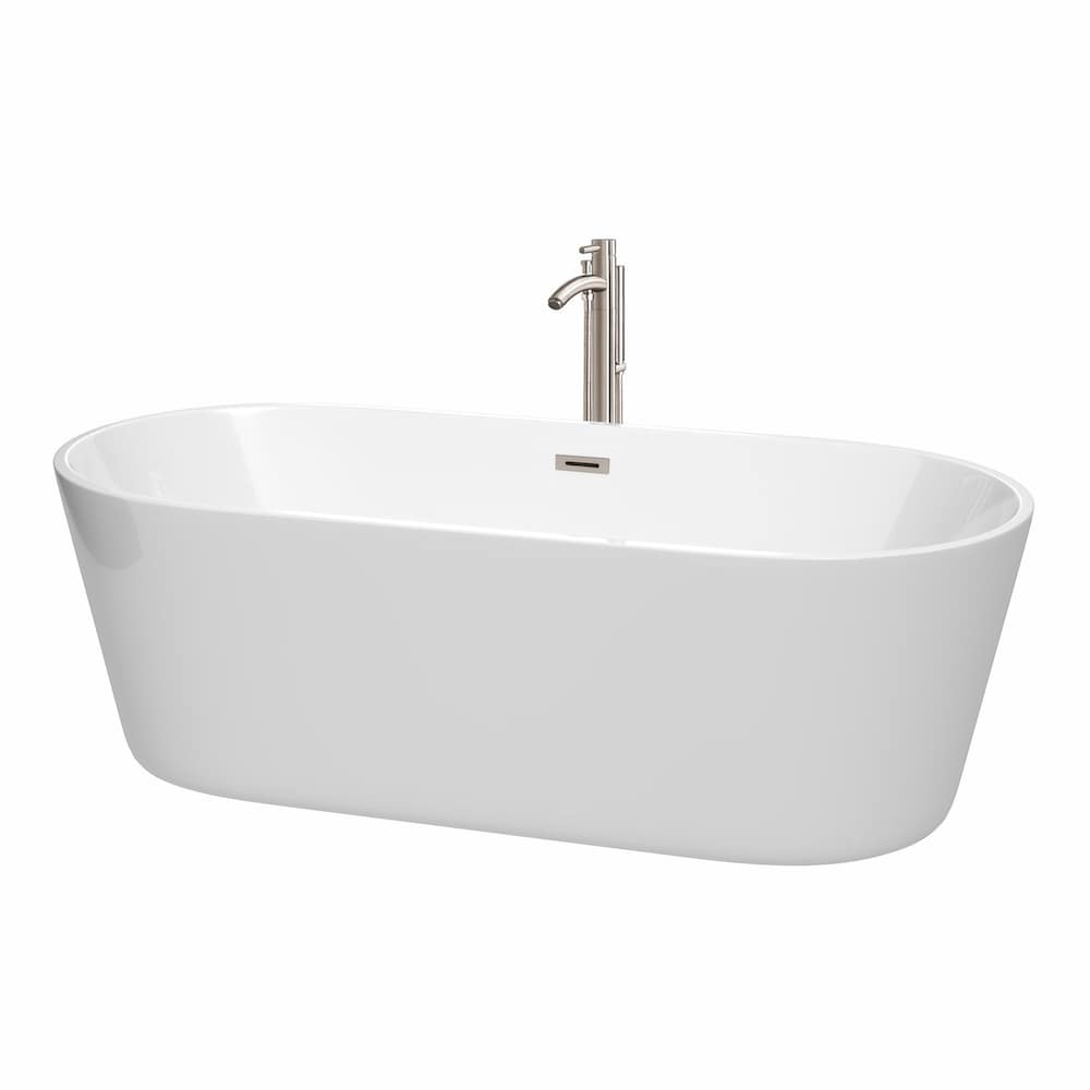 Carissa 71 inch Freestanding Bathtub in White with Floor Mounted Faucet and Trim in Brushed Nickel