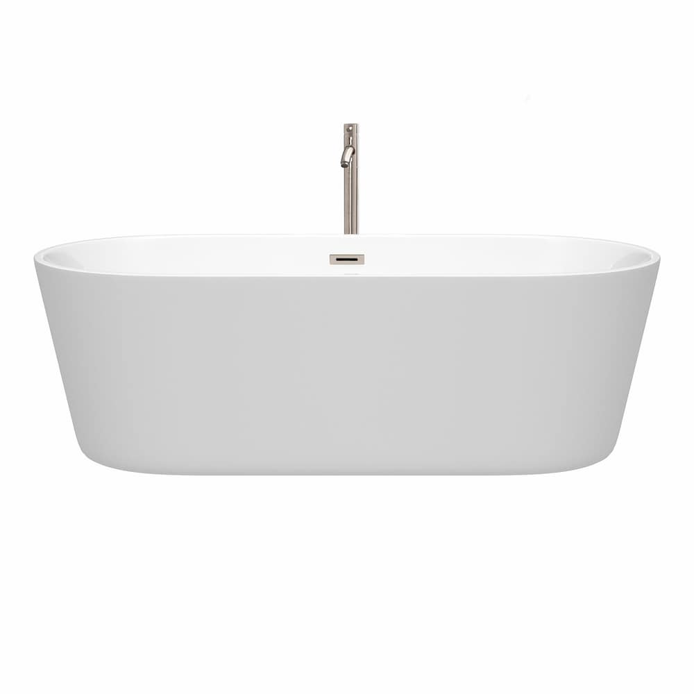 Carissa 71 inch Freestanding Bathtub in White with Floor Mounted Faucet and Trim in Brushed Nickel