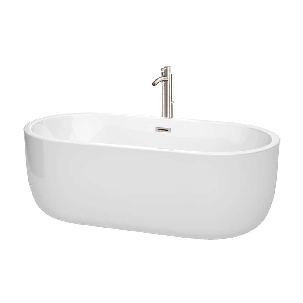 Baignoire autoportante Juliette de 67 pouces en blanc avec robinet au sol et garniture en nickel brossé