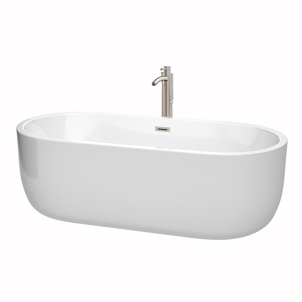 Baignoire autoportante Juliette de 71 pouces en blanc avec robinet au sol et garniture en nickel brossé