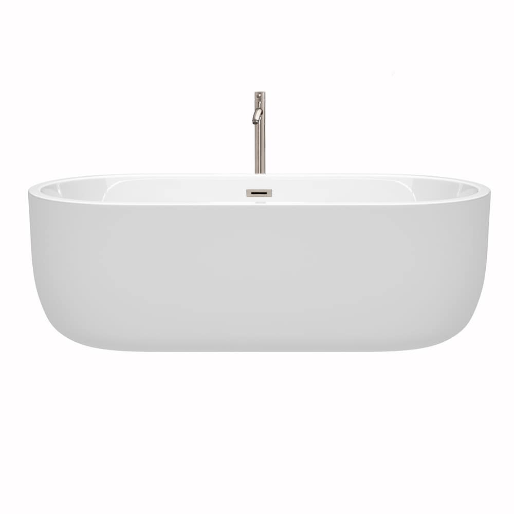 Baignoire autoportante Juliette de 71 pouces en blanc avec robinet au sol et garniture en nickel brossé