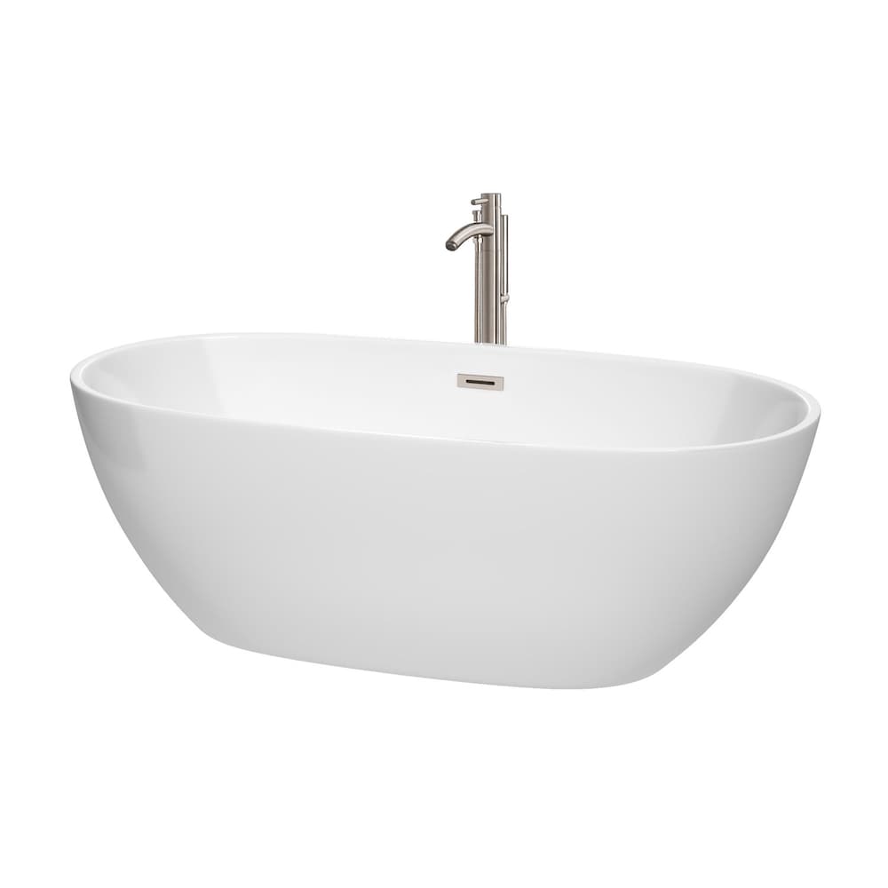 Juno 67 inch Freestanding Bathtub in White with Floor Mounted Faucet and Trim in Brushed Nickel