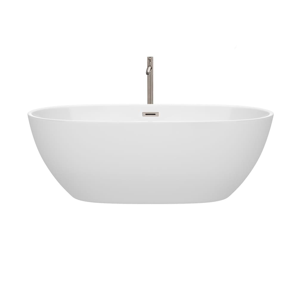 Juno 67 inch Freestanding Bathtub in White with Floor Mounted Faucet and Trim in Brushed Nickel