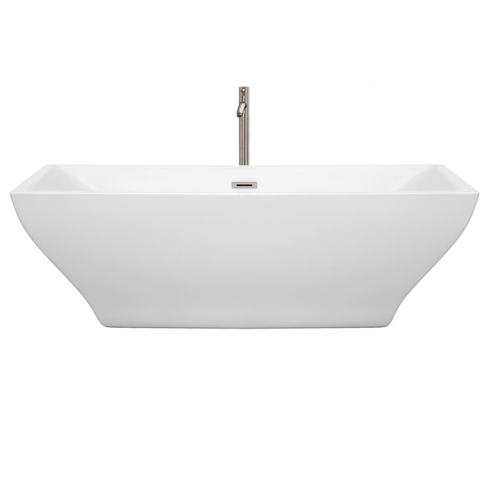 Baignoire autoportante Maryam de 71 pouces en blanc avec robinet au sol et garniture en nickel brossé