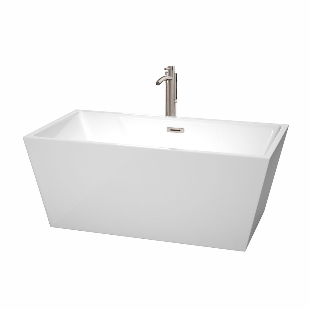 Baignoire autoportante Sara de 59 pouces en blanc avec robinet au sol et garniture en nickel brossé