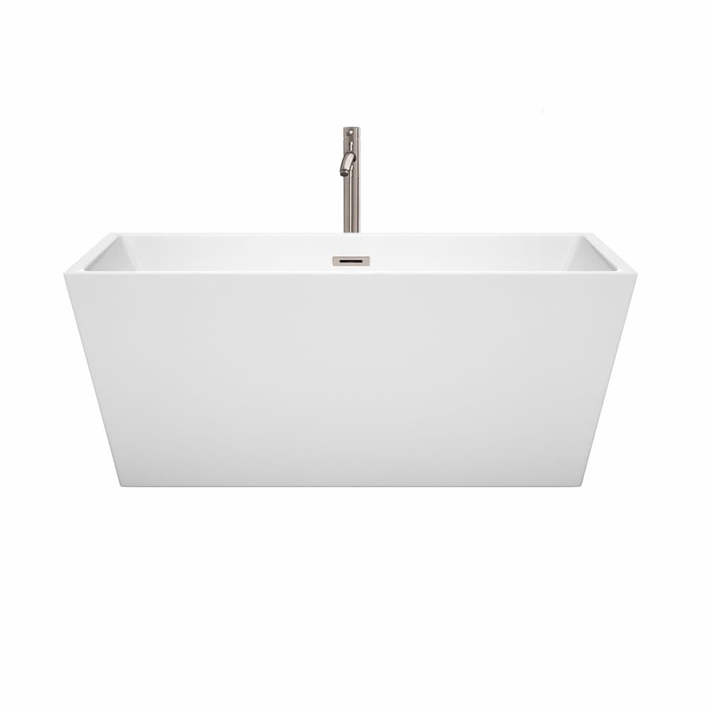 Sara 59 inch Freestanding Bathtub in White with Floor Mounted Faucet and Trim in Brushed Nickel