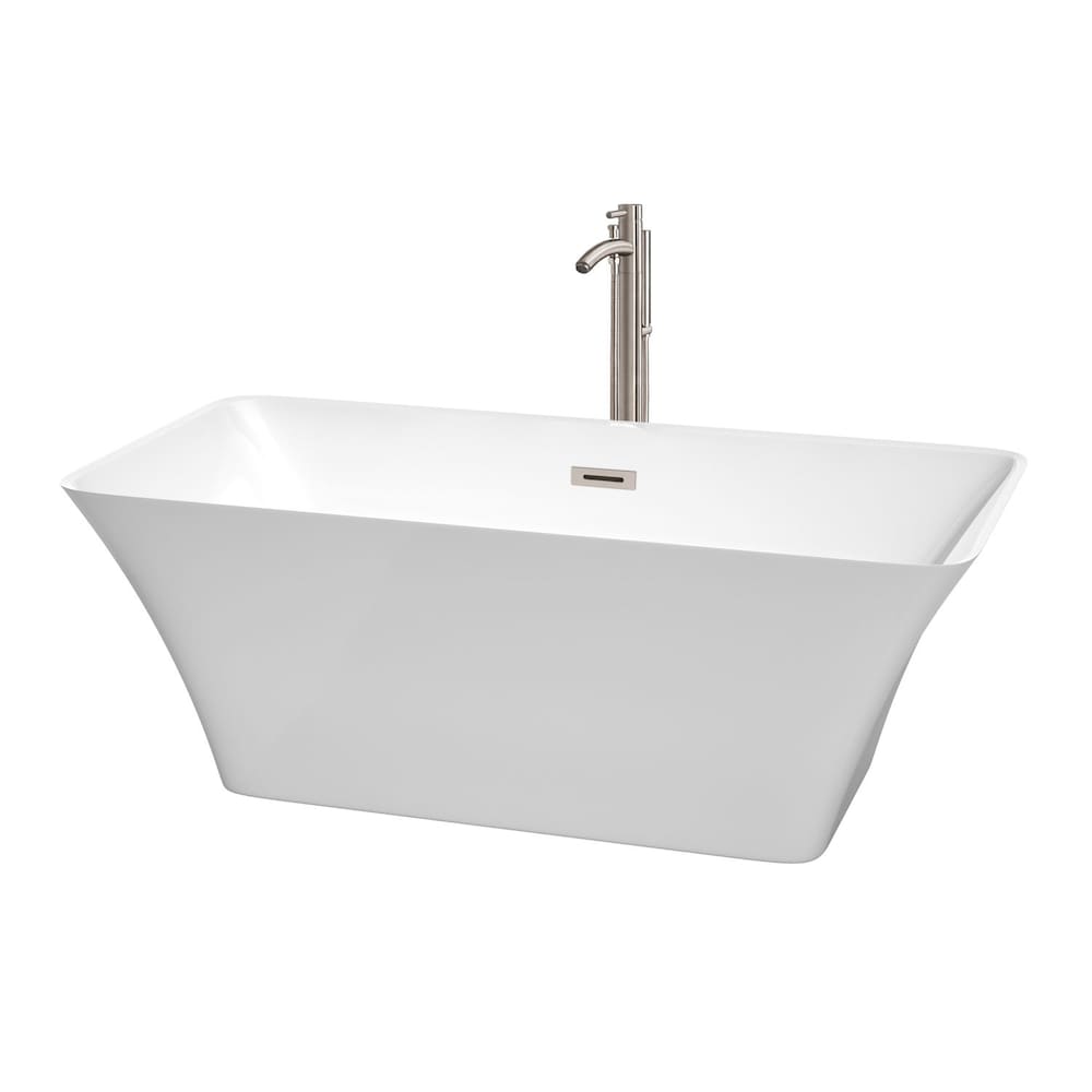 Baignoire autoportante Tiffany de 59 pouces en blanc avec robinet au sol et garniture en nickel brossé