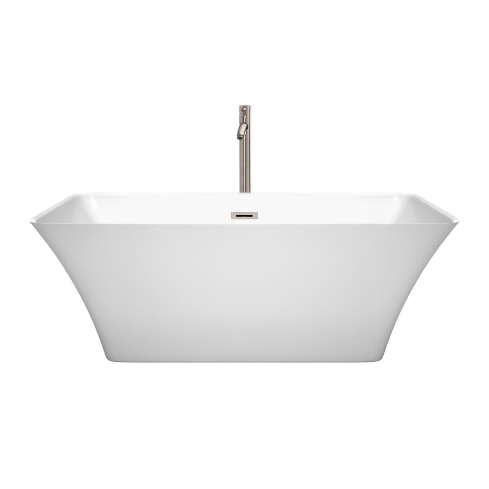Baignoire autoportante Tiffany de 59 pouces en blanc avec robinet au sol et garniture en nickel brossé