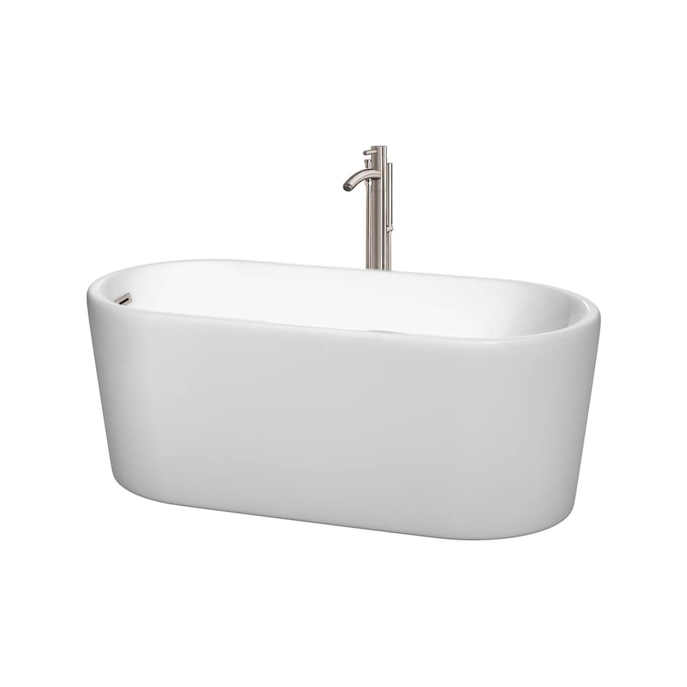 Ursula 59 inch Freestanding Bathtub in White with Floor Mounted Faucet and Trim in Brushed Nickel