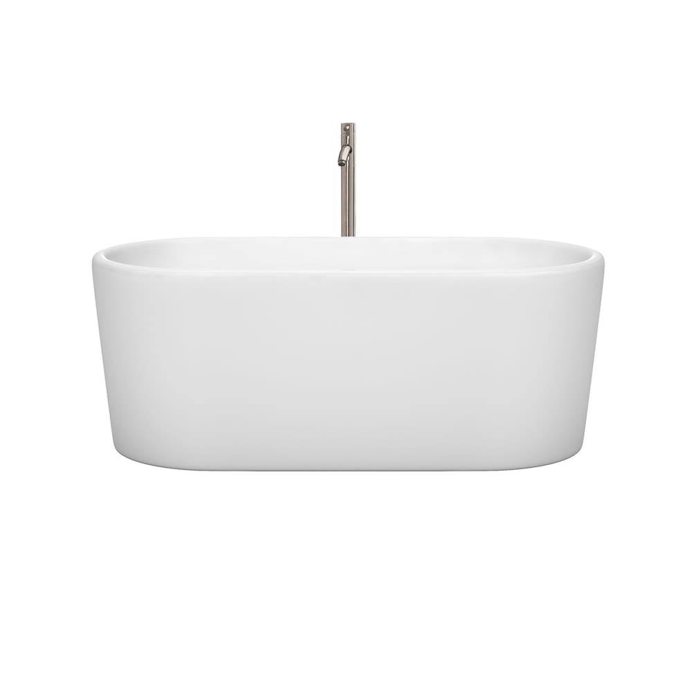 Ursula 59 inch Freestanding Bathtub in White with Floor Mounted Faucet and Trim in Brushed Nickel