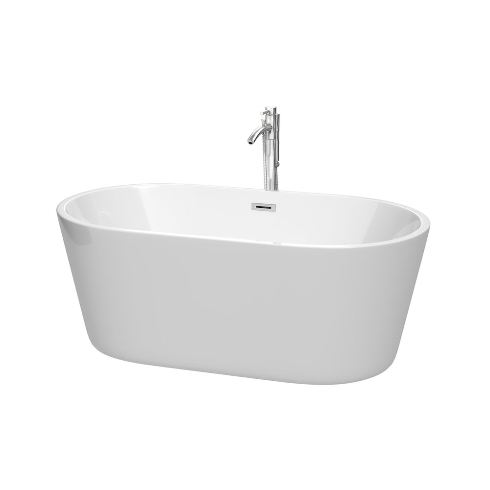 Carissa 60 inch Freestanding Bathtub in White with Floor Mounted Faucet and Trim in Polished Chrome