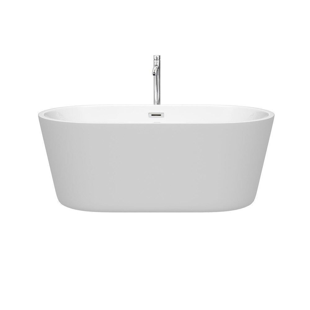 Carissa 60 inch Freestanding Bathtub in White with Floor Mounted Faucet and Trim in Polished Chrome